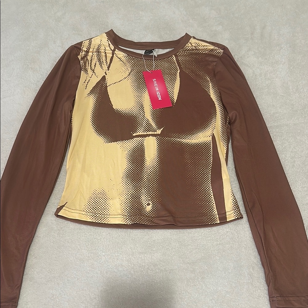 Brown and Cream Graphic Long Sleeve Top